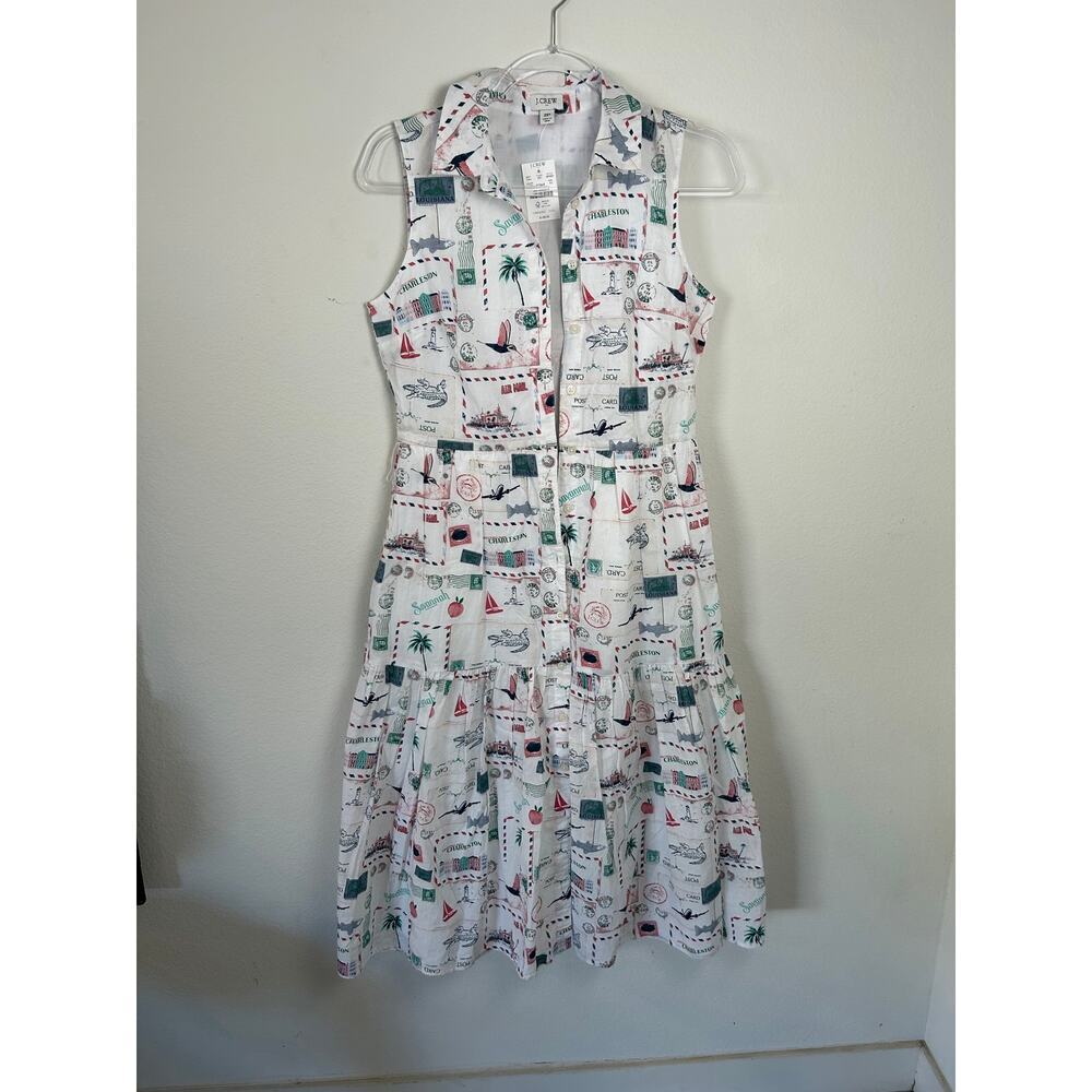 J.Crew Postcard Print Cotton Linen Sleeveless Shirt Dress BP800 White 2P NEW - Picture 5 of 6